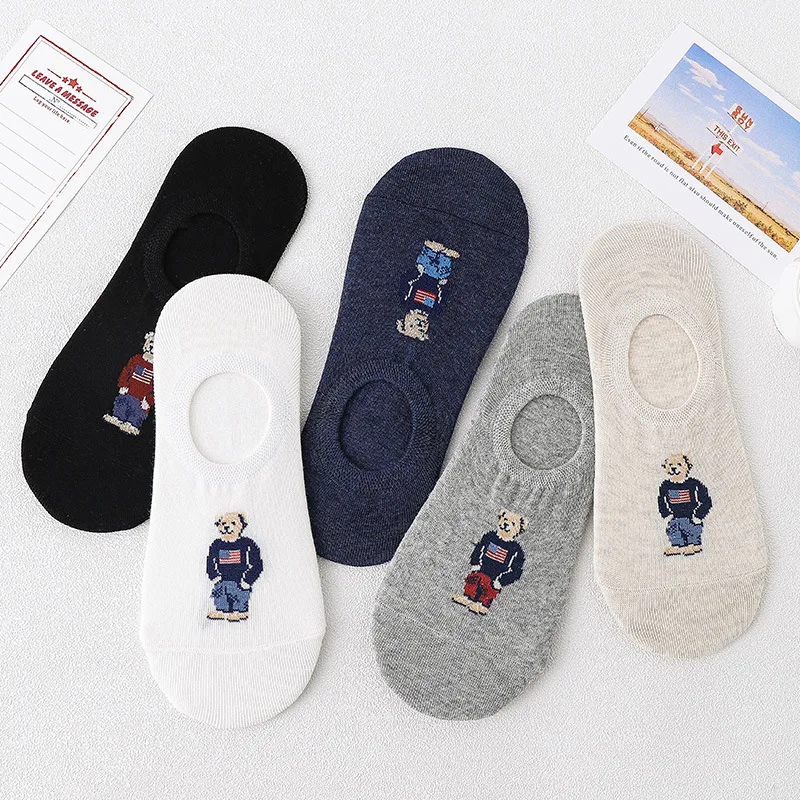 5 Pairs of 5 Colors Summer New Cartoon Bear Thin Cotton Men\'s Invisible Light Breathable Sweat-absorbent Boat Socks Personality