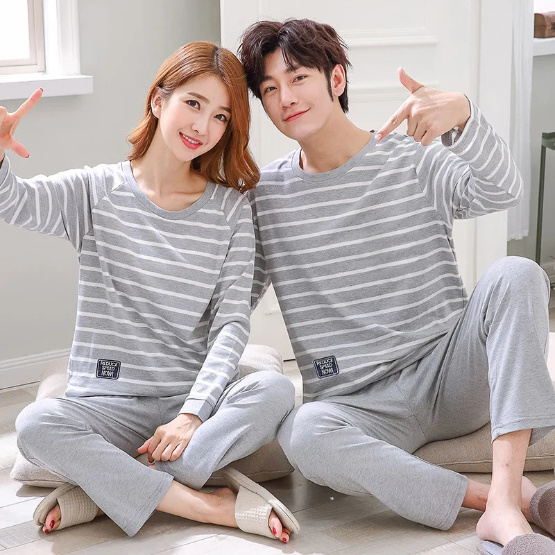 Couple Pajamas Set 100% Cotton Autumn Long Sleeves Pnats Home Suit Cartoon Lovers Sleepwear Comfortable Two-piece Female Pajamas