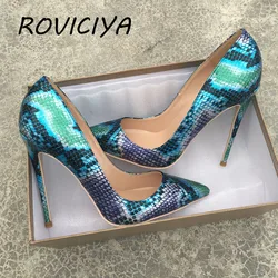 Signore di modo superficiale 12 centimetri tacchi alti pompe serpentina di colore di miscelazione delle donne del vestito scarpe QP050 ROVICIYA