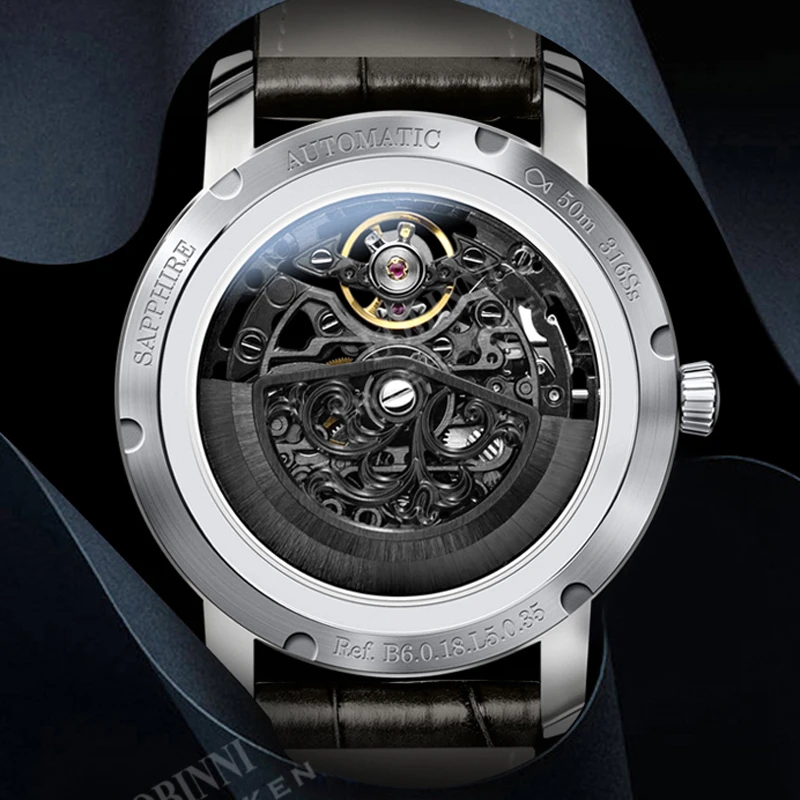 LOBINNI แบรนด์หรูใหม่แฟชั่น Mens นาฬิกาสายหนังกันน้ํา Casual นาฬิกากลไกอัตโนมัติ Relogio Masculino