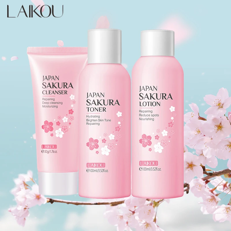 Sakura Skin Care Set com ácido hialurônico, toner hidratante, limpador com controle de óleo, loção nutritiva, emulsão, cuidado facial suavizante, 3pcs