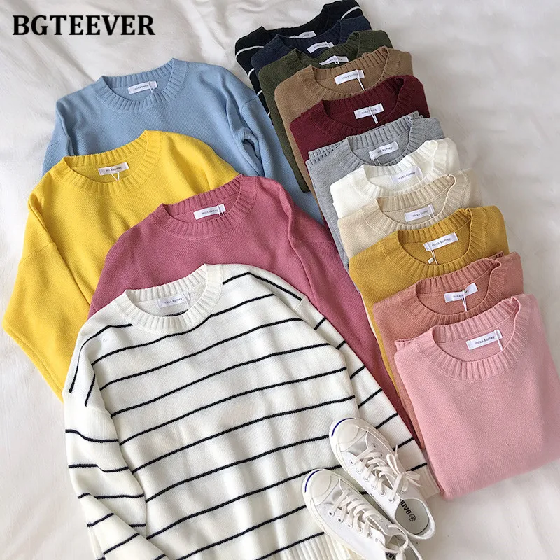 

BGTEEVER Basic O-neck Loose Women Knitted Sweaters Tops Long Sleeve Solid Female Pullovers Jumpers 2021 Autumn Winter Knitwear