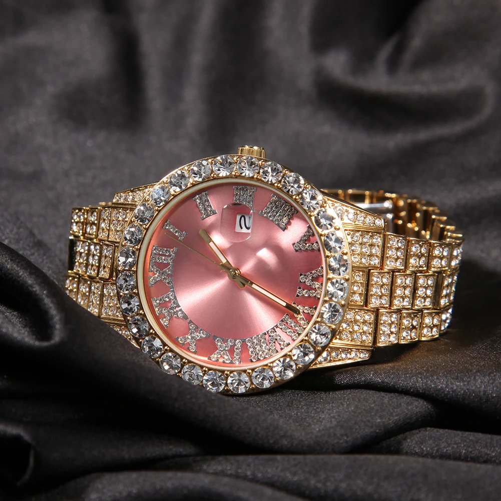 DIE BLING KÖNIG herren Uhr Große Rosa Lila Blau Zifferblatt Iced Out Quarz Uhr Luxus Strass Business Wasserdicht Handgelenk uhren