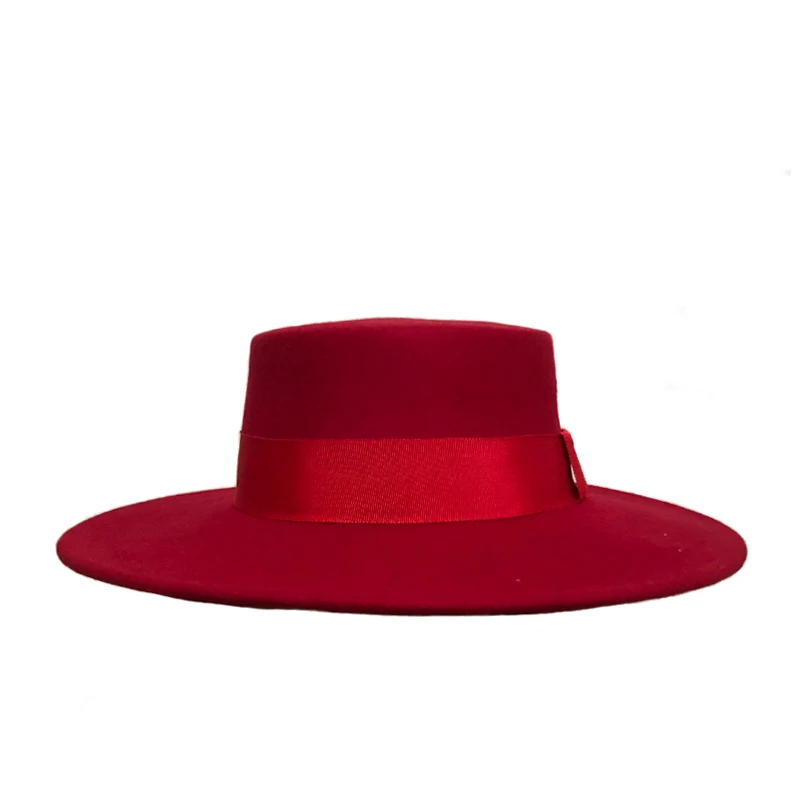 Red Fedora Hat Flat Top Wool 9cm Big Brimmed Hat Jazz Fedora Hat Men and Women Panama Fashion Hat Fedora Big Brimmed Hat