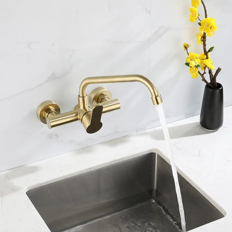 Tuqiu Brushed Gold Kitchen Faucet  Swivel Pot Filler Tap Wall Mounted Hot and Cold Sink Tap Rotate Spout Stainless Steel