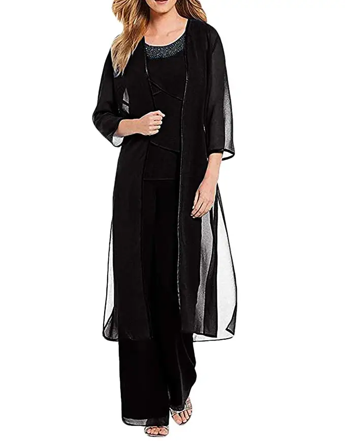 Robe longue pour mère de la mariée, tenue en mousseline de soie et cristal, manches 3/4, costume pantalon 3 pièces avec veste pour robe de soirée de mariage, 2020