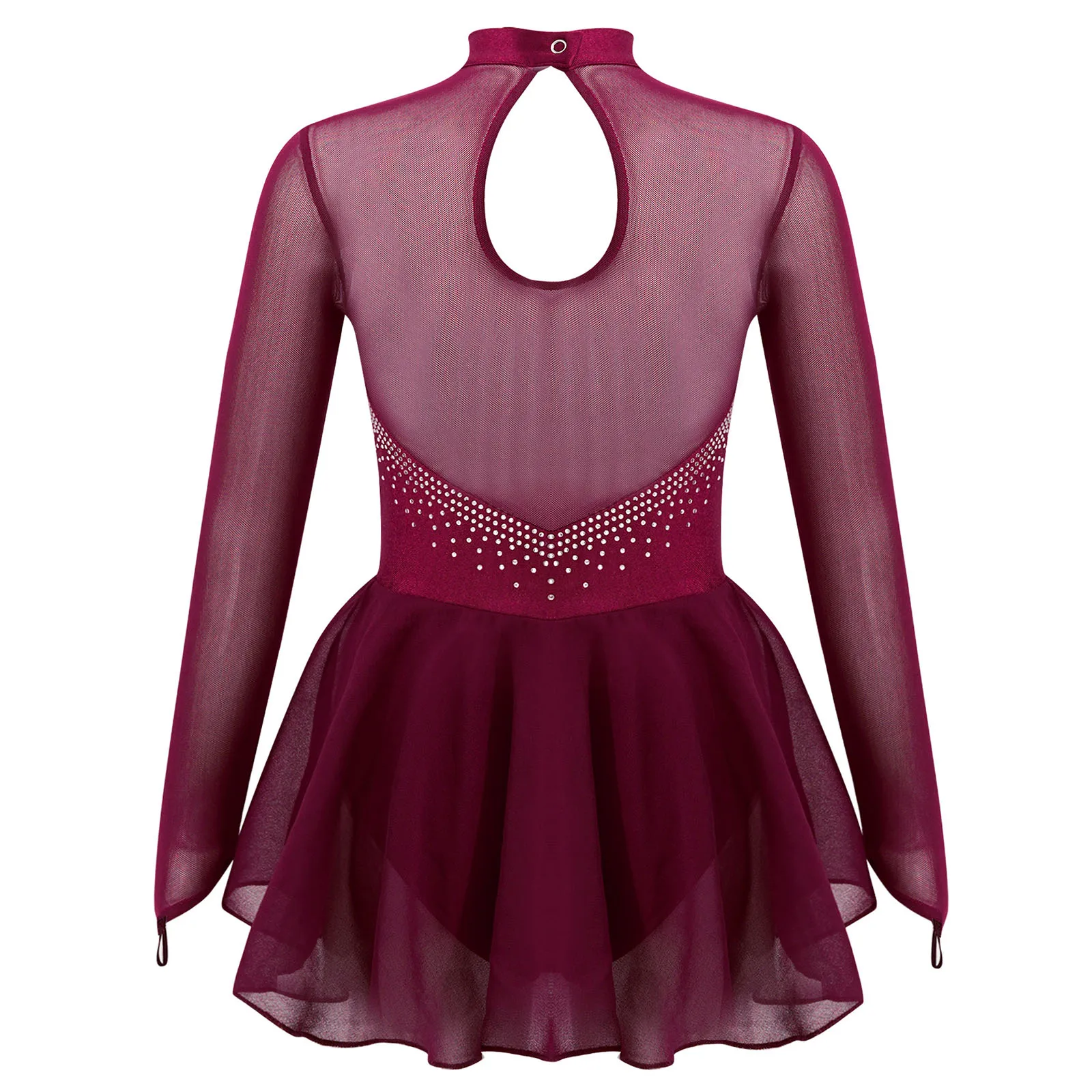 Robe élégante à manches longues pour filles, col rond, dos nu, en maille cristal, pour le patinage, danse de Ballet, gymnastique