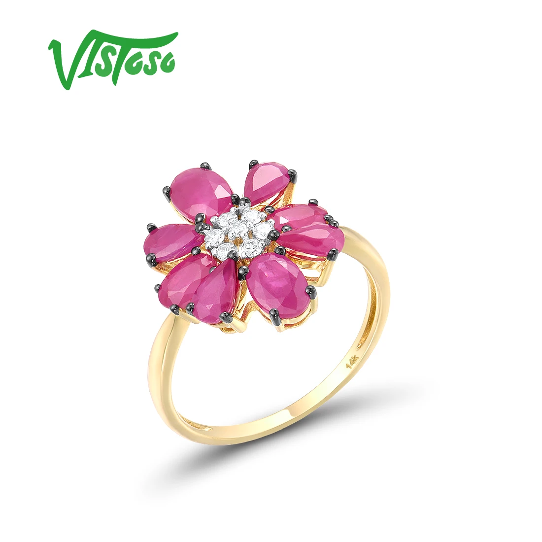 VISTOSO Genuine 14K 585 Yellow Gold Ring For Women Sparkling Ruby Diamond Cluster Ring Flower Gorgeous Trendy Party Fine Jewelry