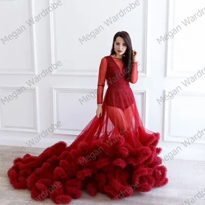 Sexy Red Frauen Sheer Sehen Durch Lange Tüll Kleider Puffy Rüschen Röcke Langen Ärmeln Kleid Für Frauen Party Kleid vestidos