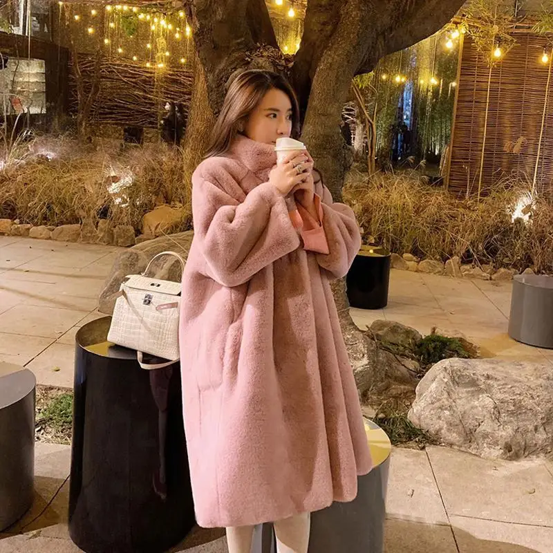 

Winter Women Loose Furry Soft Faux Rabbit Fur Coat Korean Style Oversized Streetwear Female Pink Fur Coat Jackets