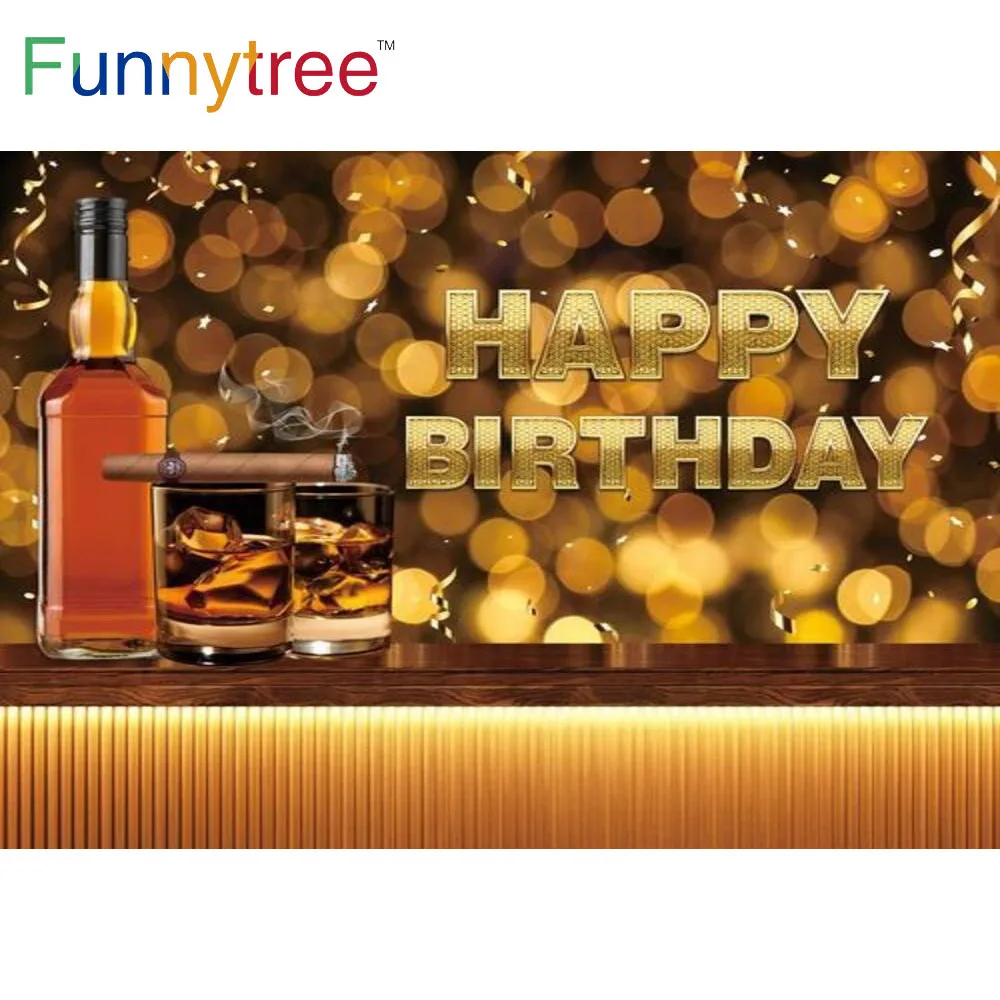 

Funnytree Man Birthday Party Backdrop Photography Whiskey Wine Glass Cigar Decoration Banner Photo Golden Bar Background Props