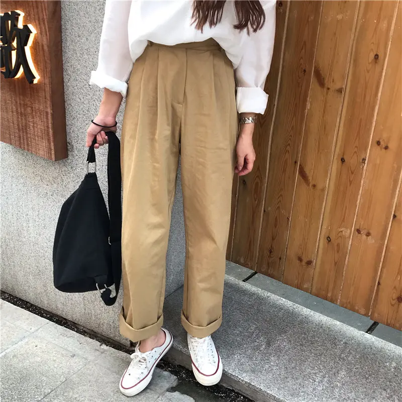 

Women New Fresh High Street Straight Pants Female High Waist Solid Loose Casual Simple Full Khaki Trousers