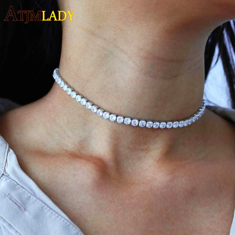 4MM CZ Tennis Chain Necklace For Lady Luxury Bling Cubic Zirconia Full Paved 1 Row Wedding Sexy Chokers Iced Out Women Jewelry