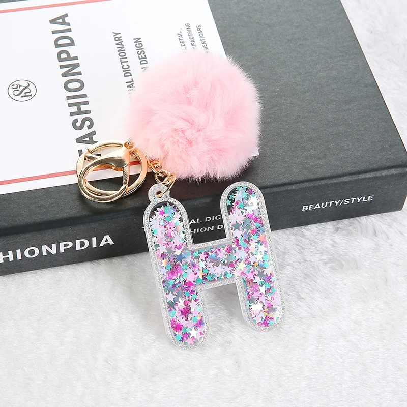 1PC Women Keychain English Letter Glitter with Puffer Ball