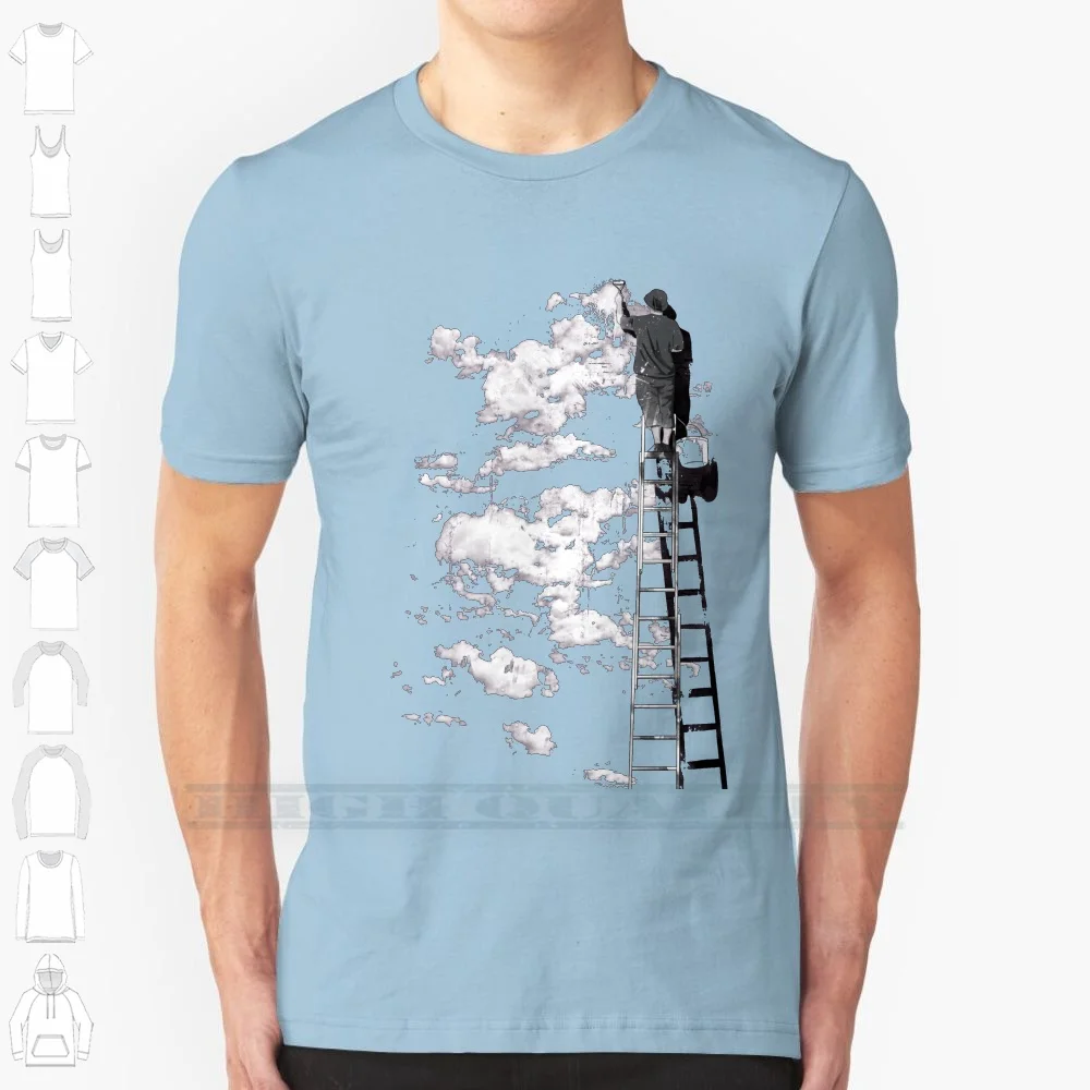 T-shirt manches courtes 100% coton, The Optimist, Sky Optimism Painter, Clouds Ink Ladder, Surreal Graffiti, Street Art Tee, Long