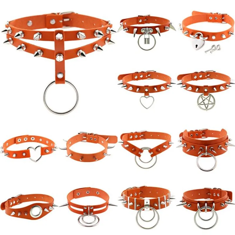 2021 Summer Fashion Punk Orange Color PU Leather Necklace For Women Goth Spike Choker Necklace Couple Jewelry Egirl Party Gifts