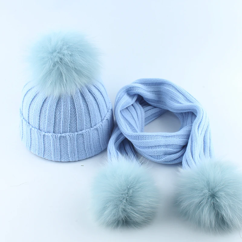 Gorro de punto con pompón de piel auténtica para niños y niñas, conjunto de bufandas, traje de bebé, gorros, bufanda, invierno cálido, 2 a 6 años,