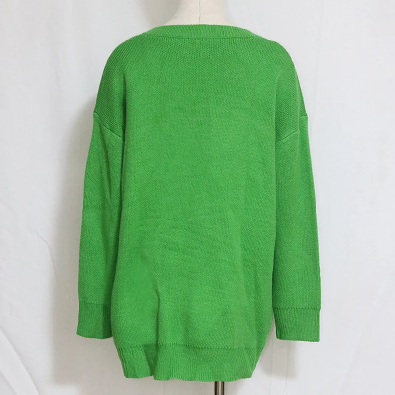 Green Knitted Sweater Women Solid V-neck Oversize Long Sweaters Pullover Casual Loose Drop Shoulder Knitwear Jumpers