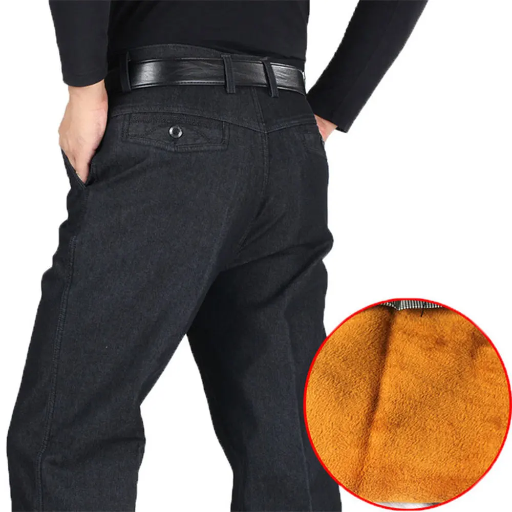 30-44 Winter Thick Fleece Denim Pants Casual High Waist Loose Long Pants Male Solid Straight Baggy Jeans For Men Classic HLX03