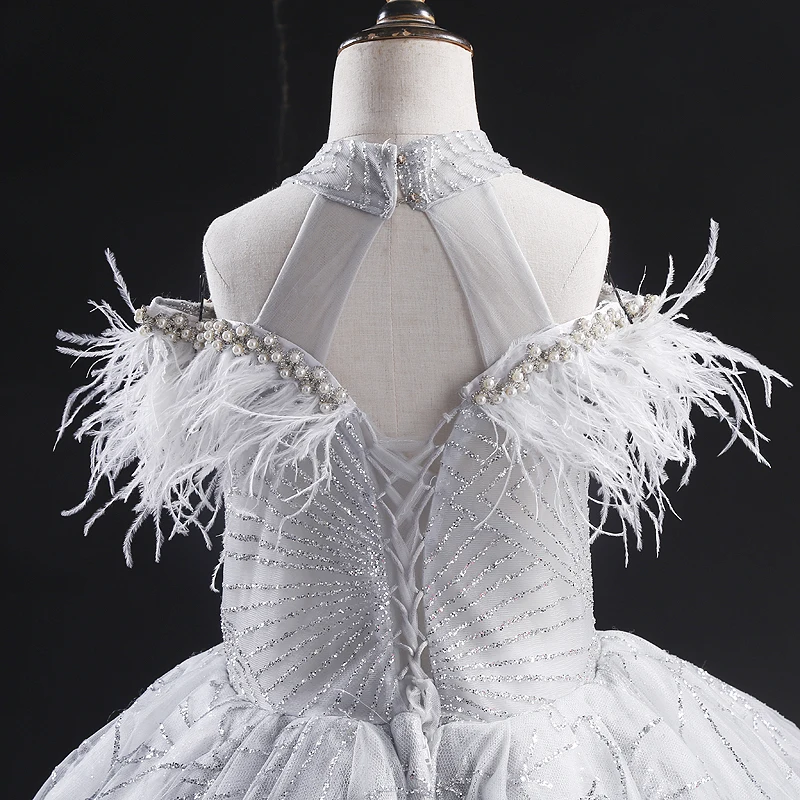 Robe de bal à paillettes pour filles, à fleurs, plumes, perles, col rond, scintillante, robes de concours, robes de fête d'anniversaire pour enfants