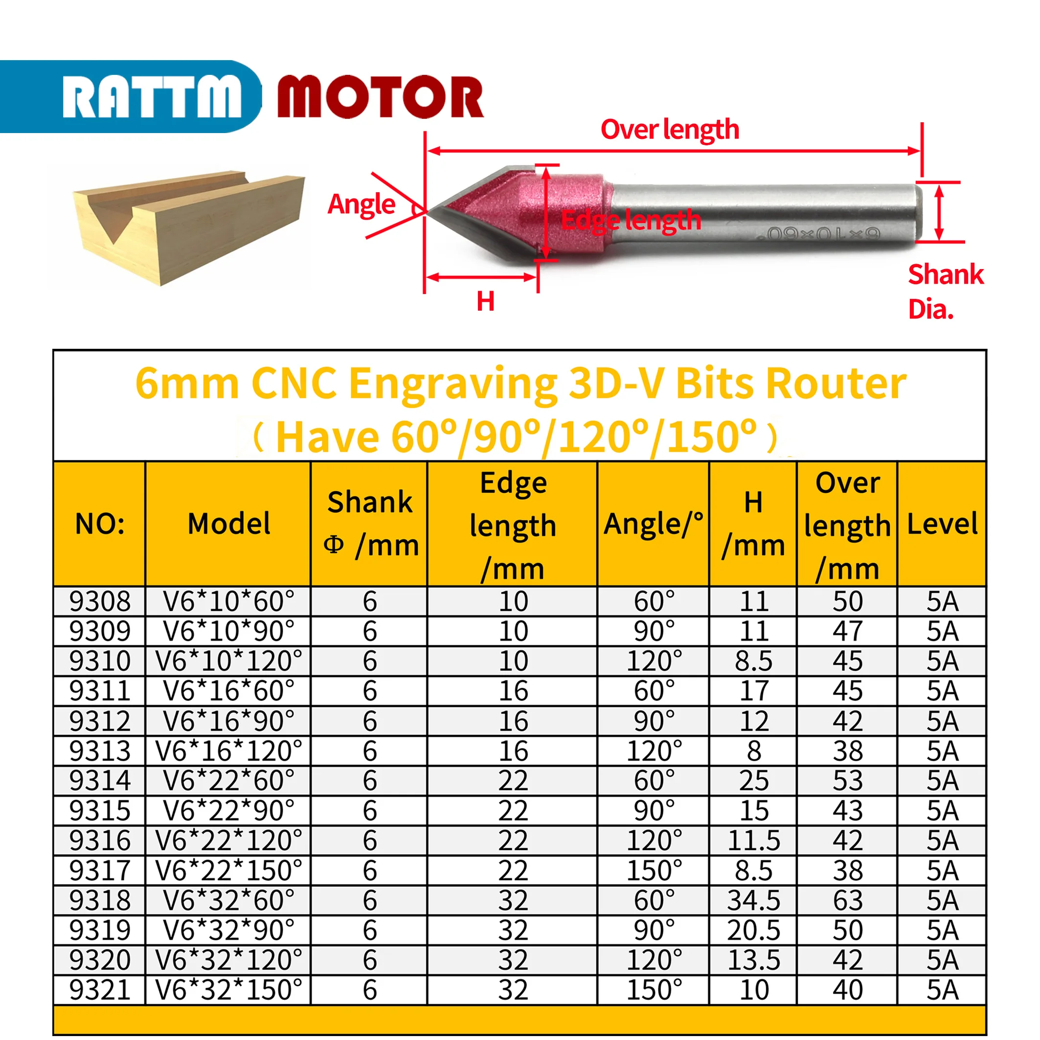 Cnc gravura 3d-v bits roteador 60/90/120/150 graus 6-32mm v groove chanfro de madeira acrílica