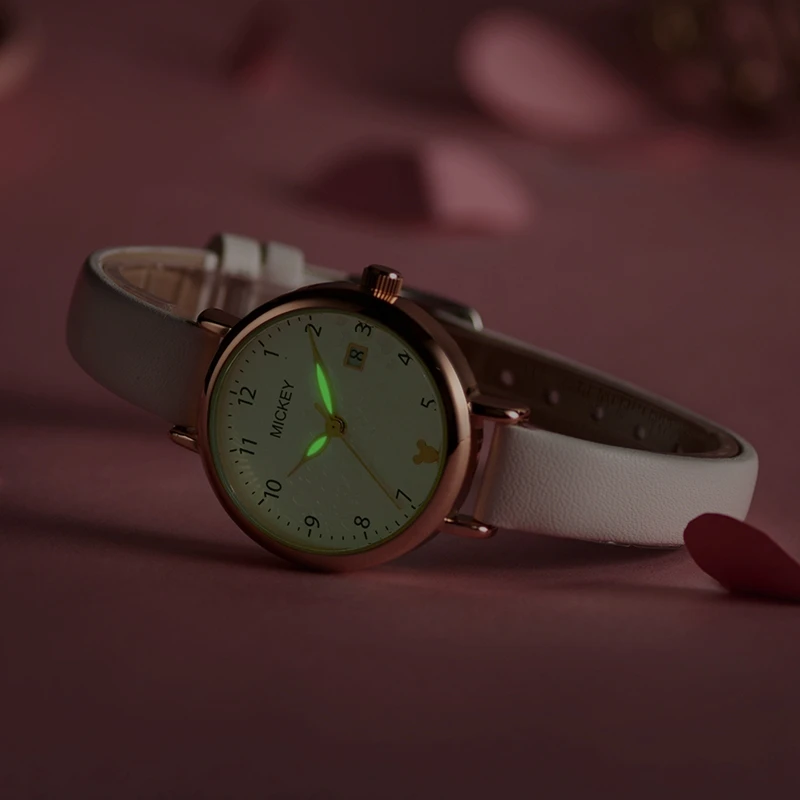 Disney Official Women Fashion Casual Quartz Wristwatches Micky Mouse Cute Small Dial Pu Strap Luminous Hands Lady New Gift Clock