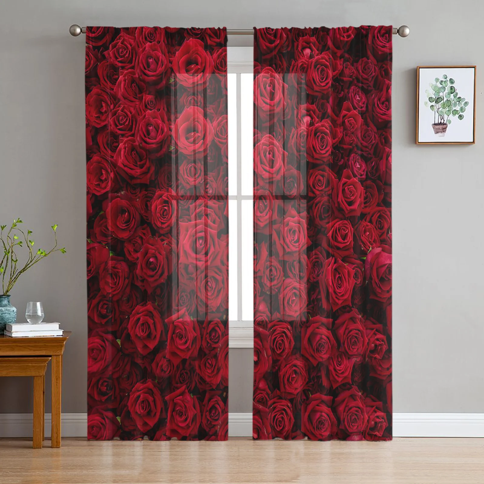 Red Rose Flower Wall Sheer Curtains for Windows Tulle Curtains for Living Room Bedroom Children Room Decor