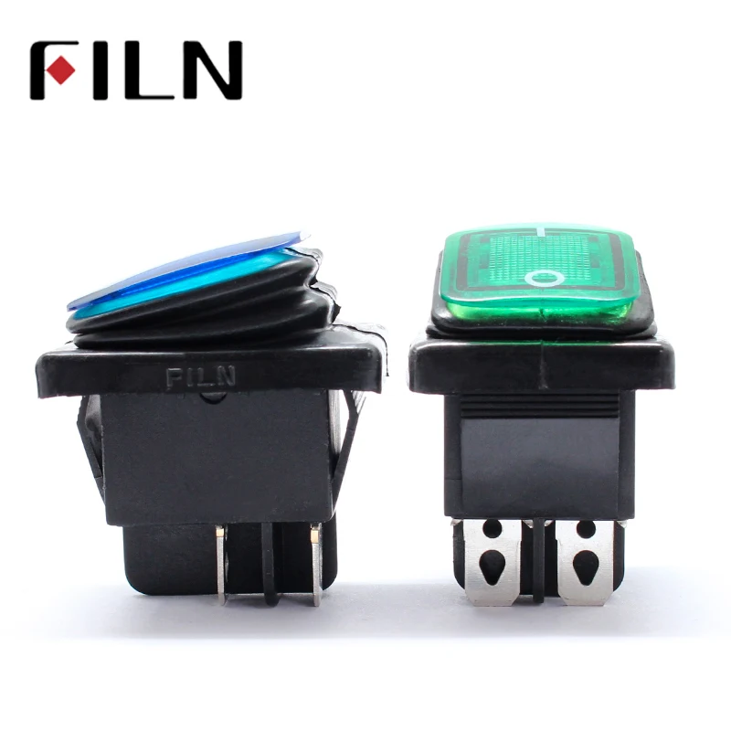 FILN Kcd4 Heavy Duty Four Foot Waterproof on Off Sliver Contact Point Copper Pin Green Red Led Lamp 220v 30A Rocker Switch