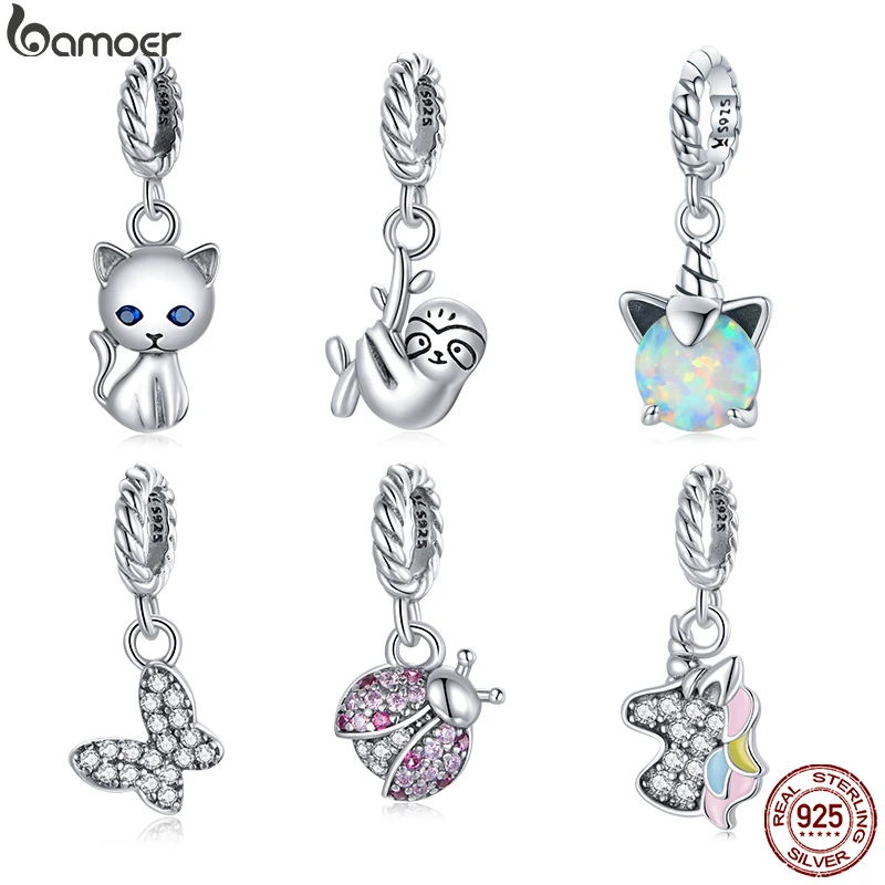 

bamoer Genuine 925 Sterling Silver Cute Cat Animal Charm Pendant fit Original Bracelet &Bangle DIY Jewelry Making SCX122