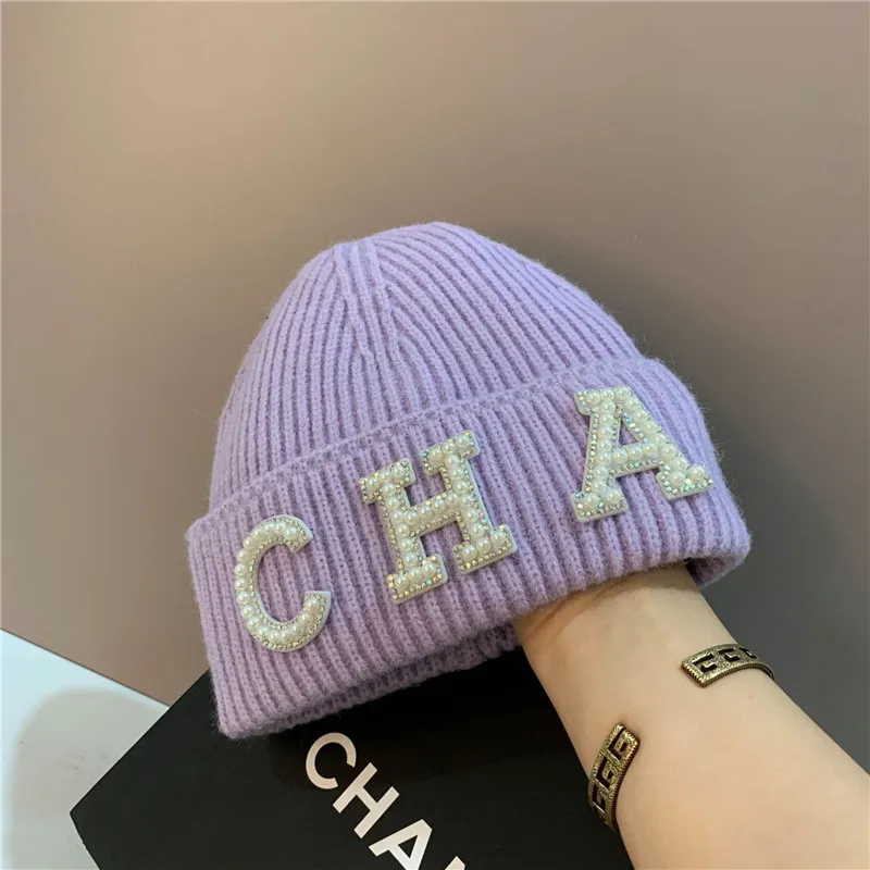 USPOP New Winter Hats Women Thick Warm Knitted Skullies Hats Pearl Letter CHA Soft Beanies