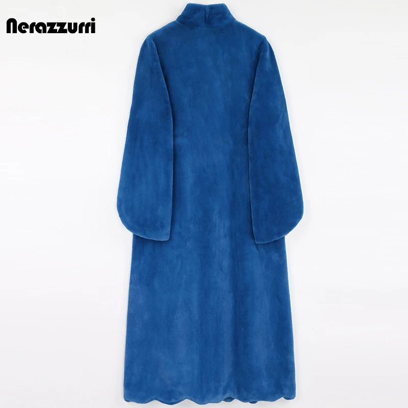 Nerazzurri Winter Long Blue Warm Thick Fluffy Faux Fur Coat Women Scallop Hem A Line Black Korean Fashion Outerwear 5xl 6xl 7xl