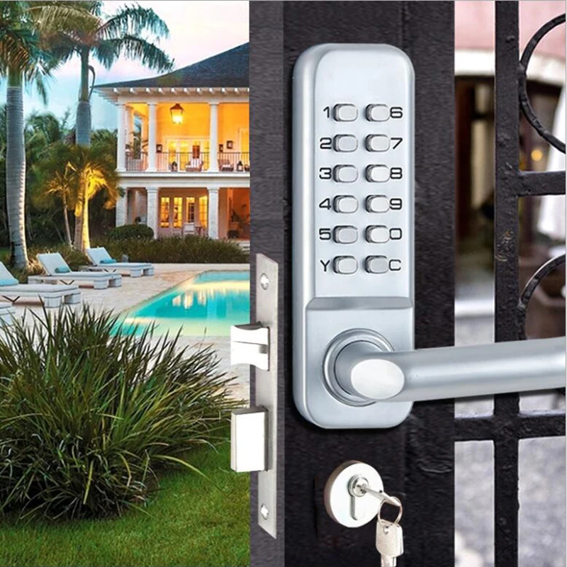 Waterproof Street Gate Lock Combination Lock Code Keys Digital Door Lock Battery-Free Latch For Swing Door Push Button