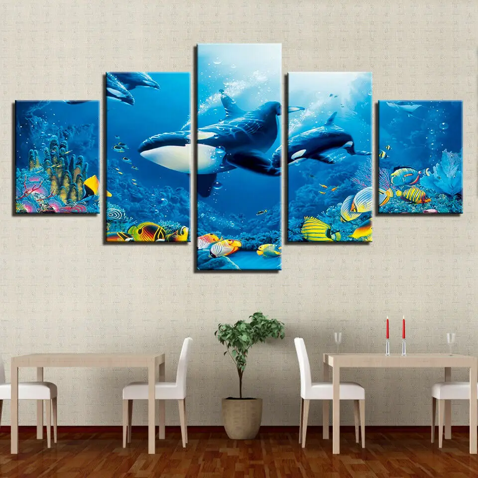 5 Pieces Awesome Blue Whales  Sea Fish Ocean Wall Art Poster Decoration Oil Painting Canvas Painting for Home Decor Background