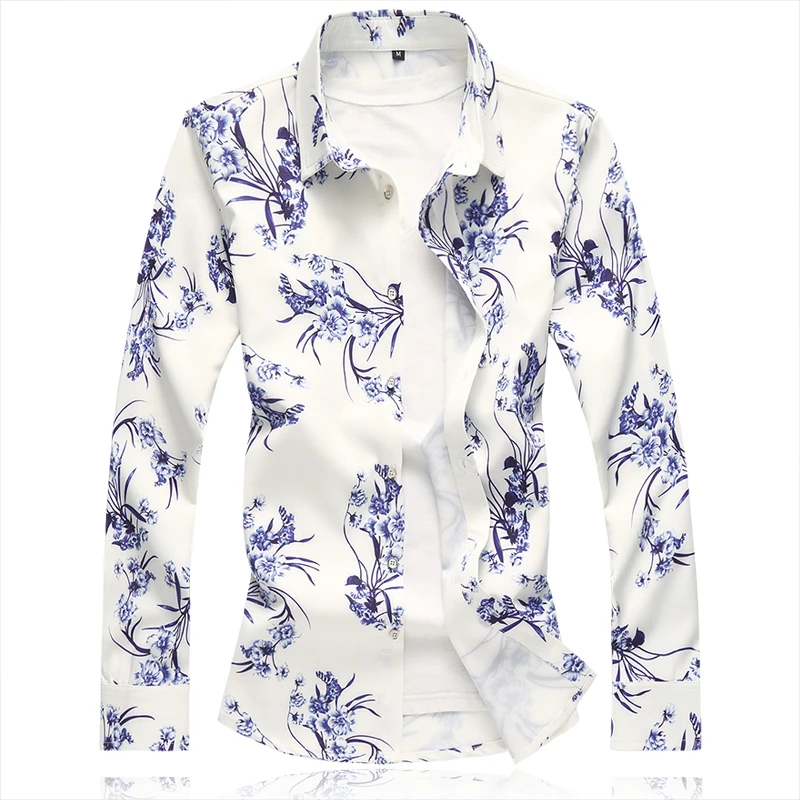 White Long Sleeve Printed Shirt Men\'s, Spring / Autumn New Men Shirts, Business Casual Flower Top Camisa Male Chemise