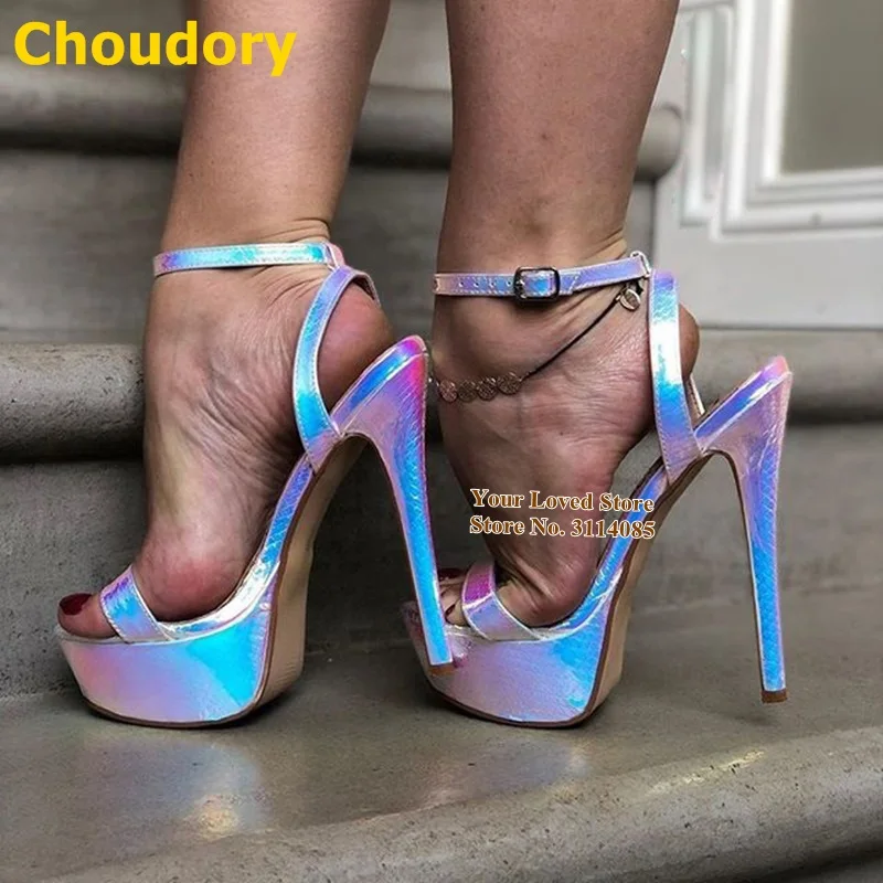 

Choudory Pink Hologram Iridescent Snakeskin Sandals Stiletto Heels Platform Python Pattern Reflective Dress Pumps Buckle Strap