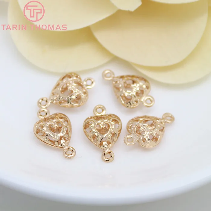 (584)10PCS 9x14MM 24K Gold Color Plated Brass 2 holes Hollow Heart Charms High Quality Diy Jewelry Accessories