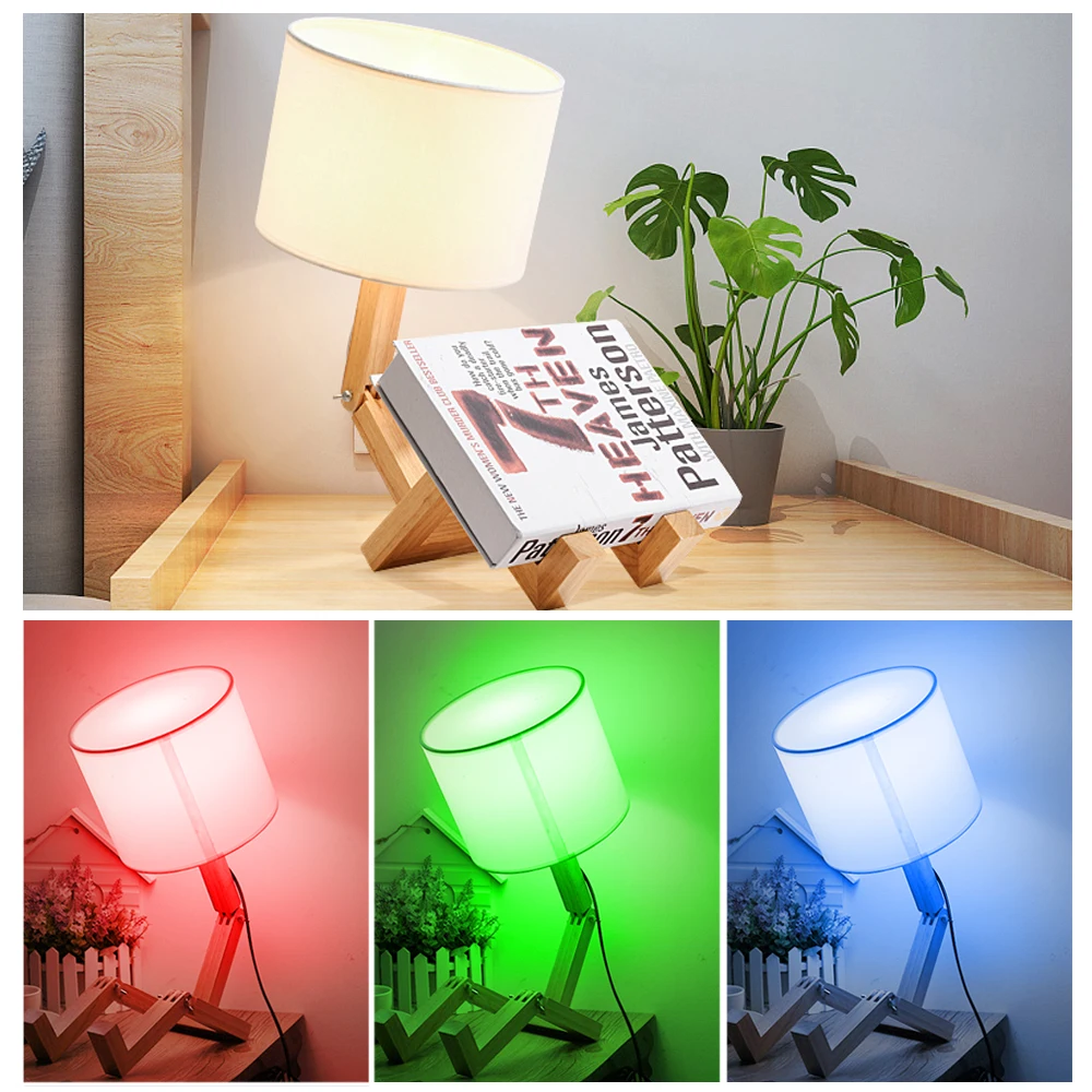 Robot Shape Wooden Table Lamp 220V White+RGB Modern Changeable Shape Desk Light with Remote for Bedroom Study Office Kids Room