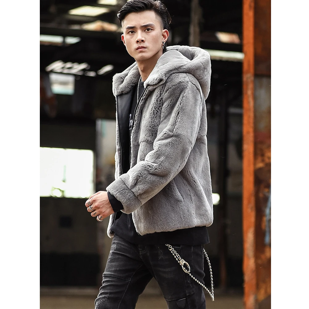 2019 New Mens Rabbit Fur Coat Short Leather Jacket Natural Hooded Rabbit Fur Jacket Mens Winter Coats