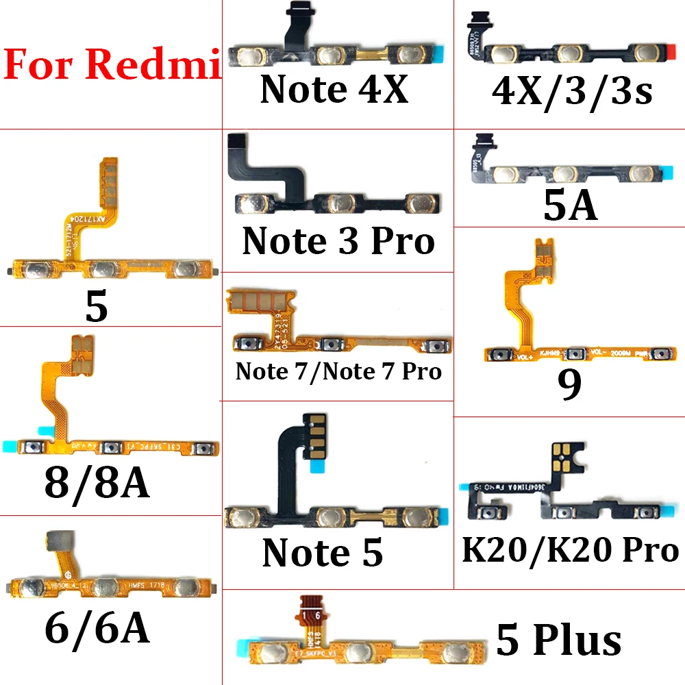 5Pcs，NEW Power Volume Button Up Down Key Flex For Xiaomi Redmi K20 K20 Pro 9A 8 8A 6A 4 Pro 6 4A 5A Note 3Pro Note 4X 5 Plus 5S