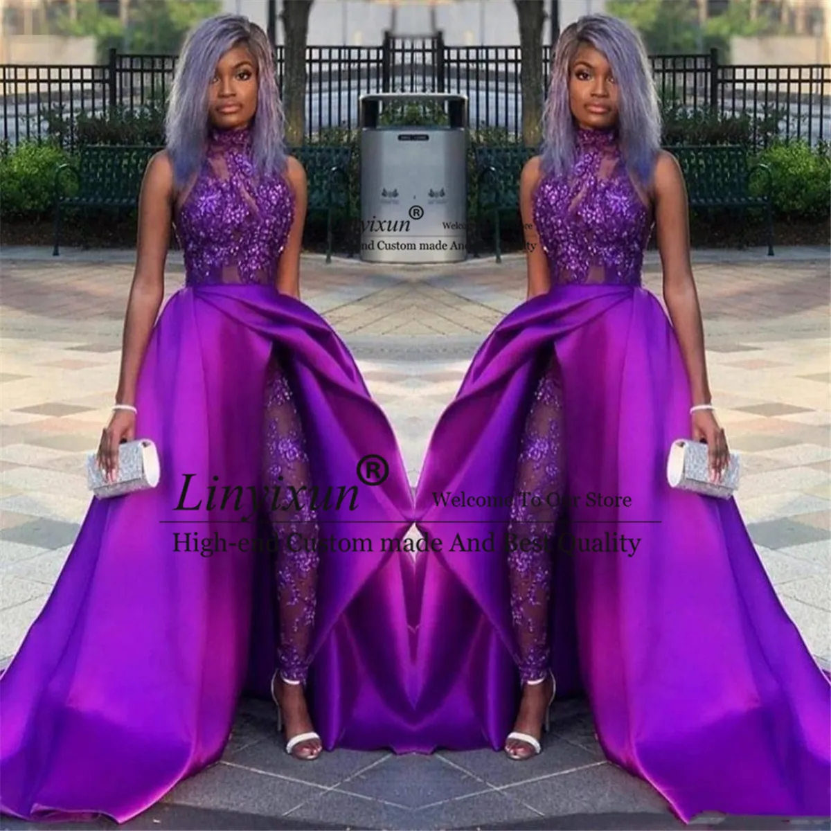 2021 Purple Jumpsuits Prom Dresses With Detachable Train High Neck Lace Appliqued Bead Evening Gowns Luxury African Party Gowns