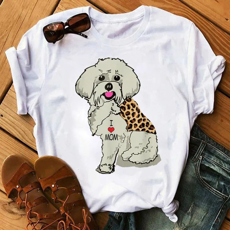 

Women T Shirt Leopard Scarf Dog Print Tops Dog Mom T Shirt I Love Mom Tee Shirts Female Cute Graphic T-shirt Funny tshirt femme