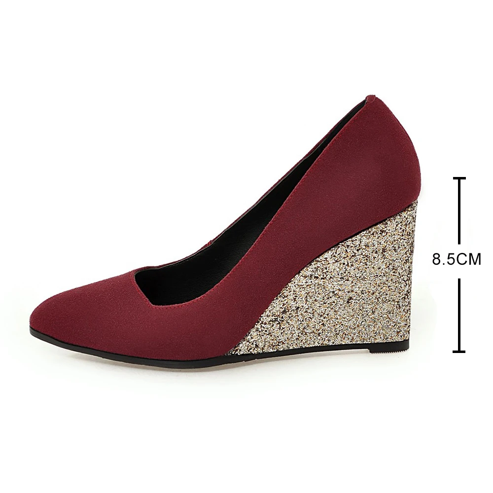 Spring New Pointed Toe Wedge Casual Shoes Women Comfortable Pumps Woman Fashion Slip On High Heels Flock Bling Shallow Female