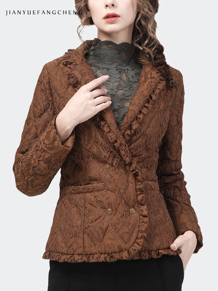 Fashion Lace Fabric Women Winter Short Down Jacket Brown Elegant Suit Collar Ruffles Warm Thicken White Duck Down Puffer Coat