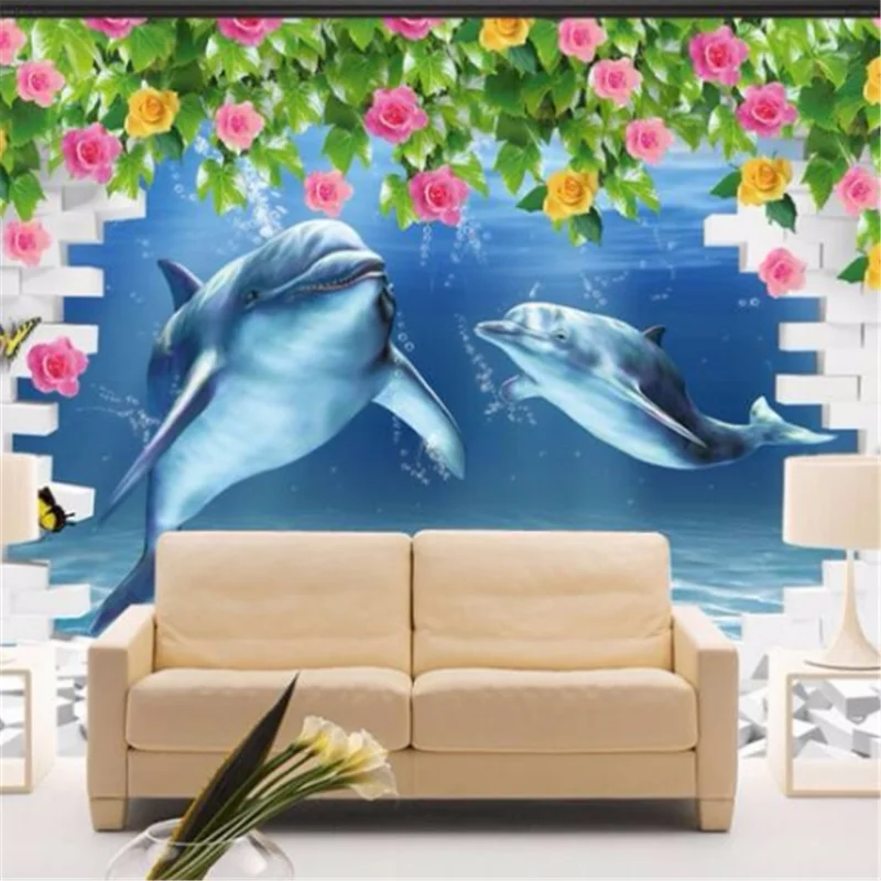 

wellyu Customized large mural dolphin mother and child love creative three-dimensional rose 3D background wall paper