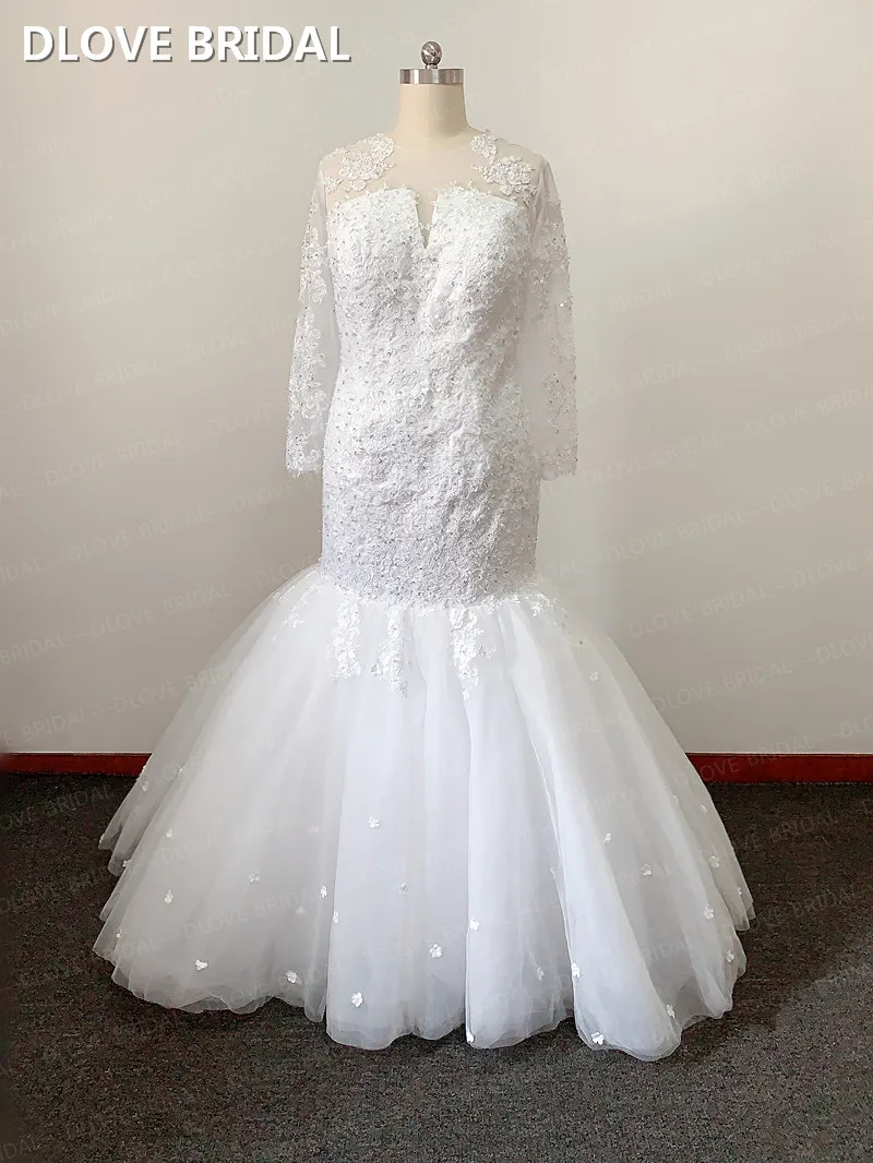 

Unique Long Sleeve Mermaid Wedding Dress Small Flowers Skirt Bridal Gown Vestido De Noiva See Through Back