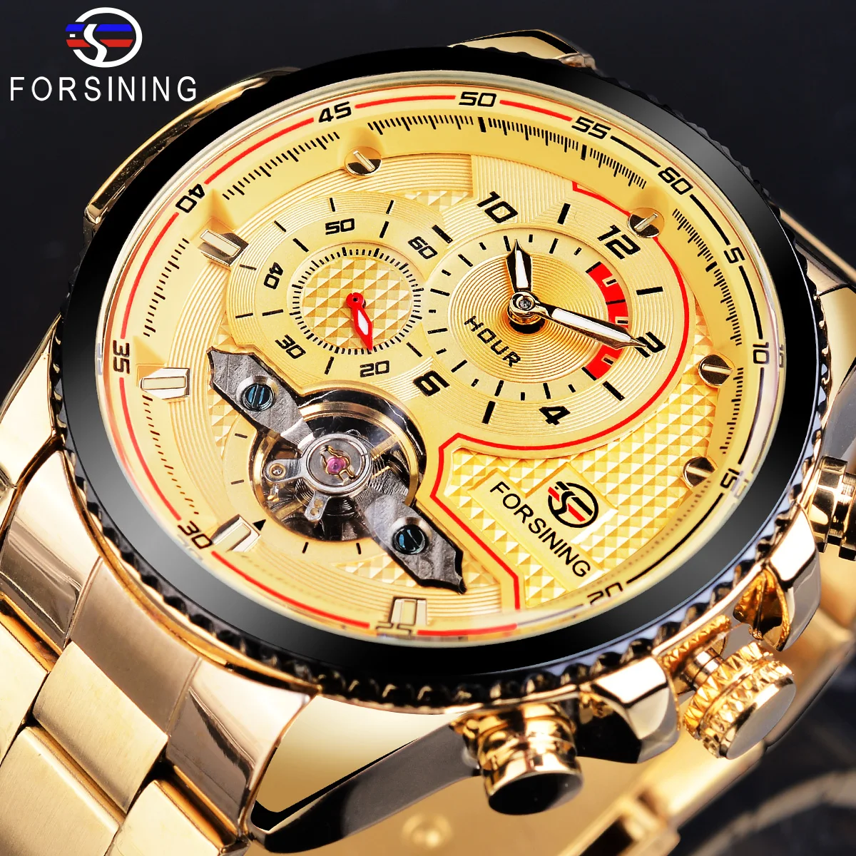 

Forsining Waterproof Men's Mechanical Skeleton Watch Luxury Tourbillon Automatic Wristwatch Golden Watches Relogio Masculino