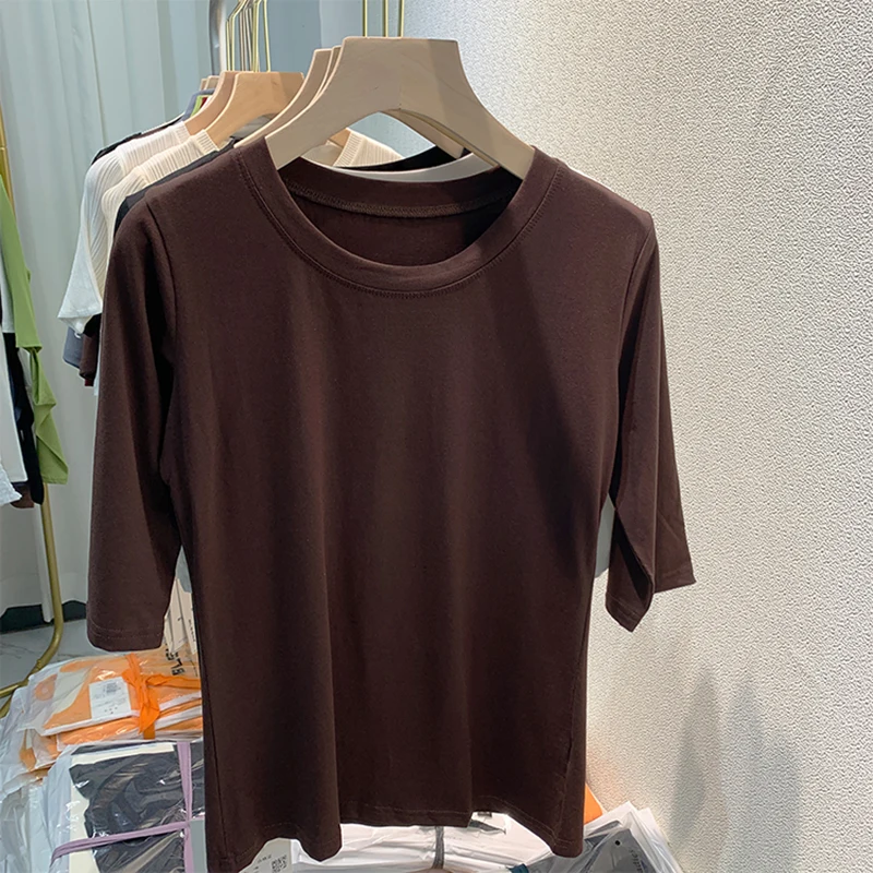 

Женская тонкая футболка с коротким рукавом, однотонная Базовая Повседневная хлопковая Футболка с круглым вырезом, лето 2022