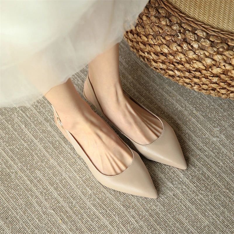 Meotina Genuine Leather Women Slingbacks Shoes Cow Leather Buckle Thin Heels Pumps Pointed Toe Med Heel Ladies Footwear Spring