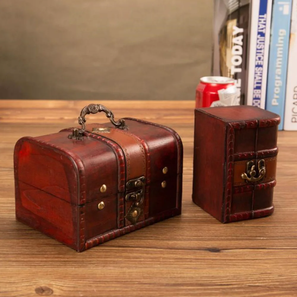 2Pcs Set Wooden Pirate Jewellery Storage Box Case Holder Vintage Treasure Chest