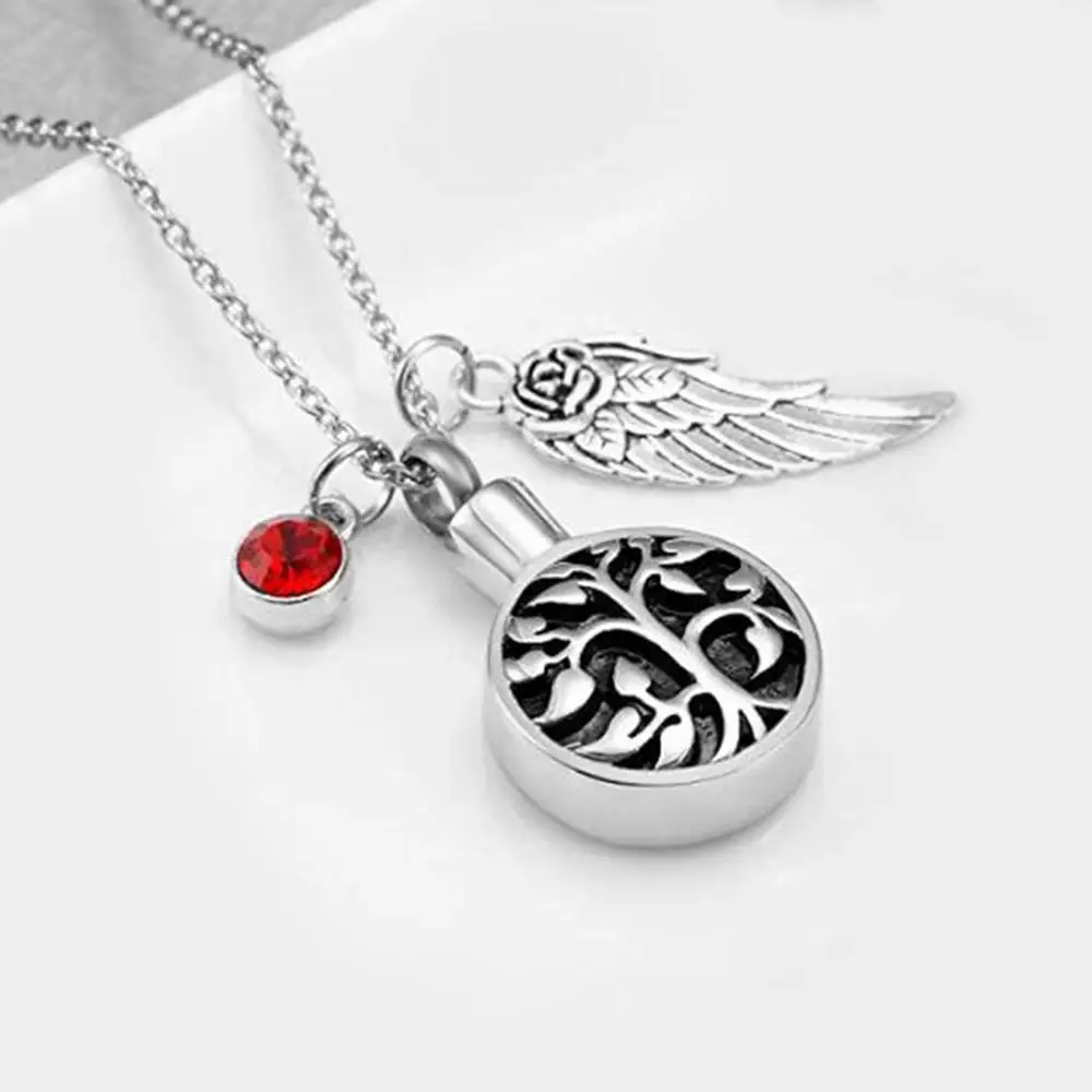 Unisex  Stainless Memorial Cremation Ash Holder Urn Necklace for Ashes Life Tree Pendant with Angel Wing and Birthstone Charm